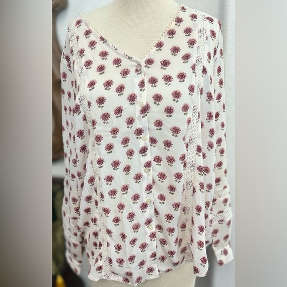 Loft Floral Pattern V-Neck Button Down Blouse Crochet Accents Boho Size Large - Picture 2 of 4